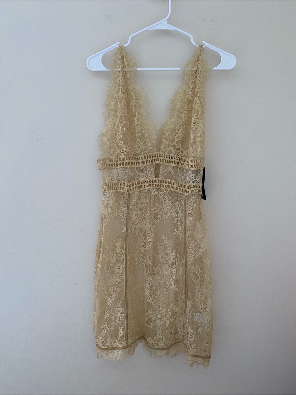 Sheer Lace V-Neck Chemise Mini Dress in Beige